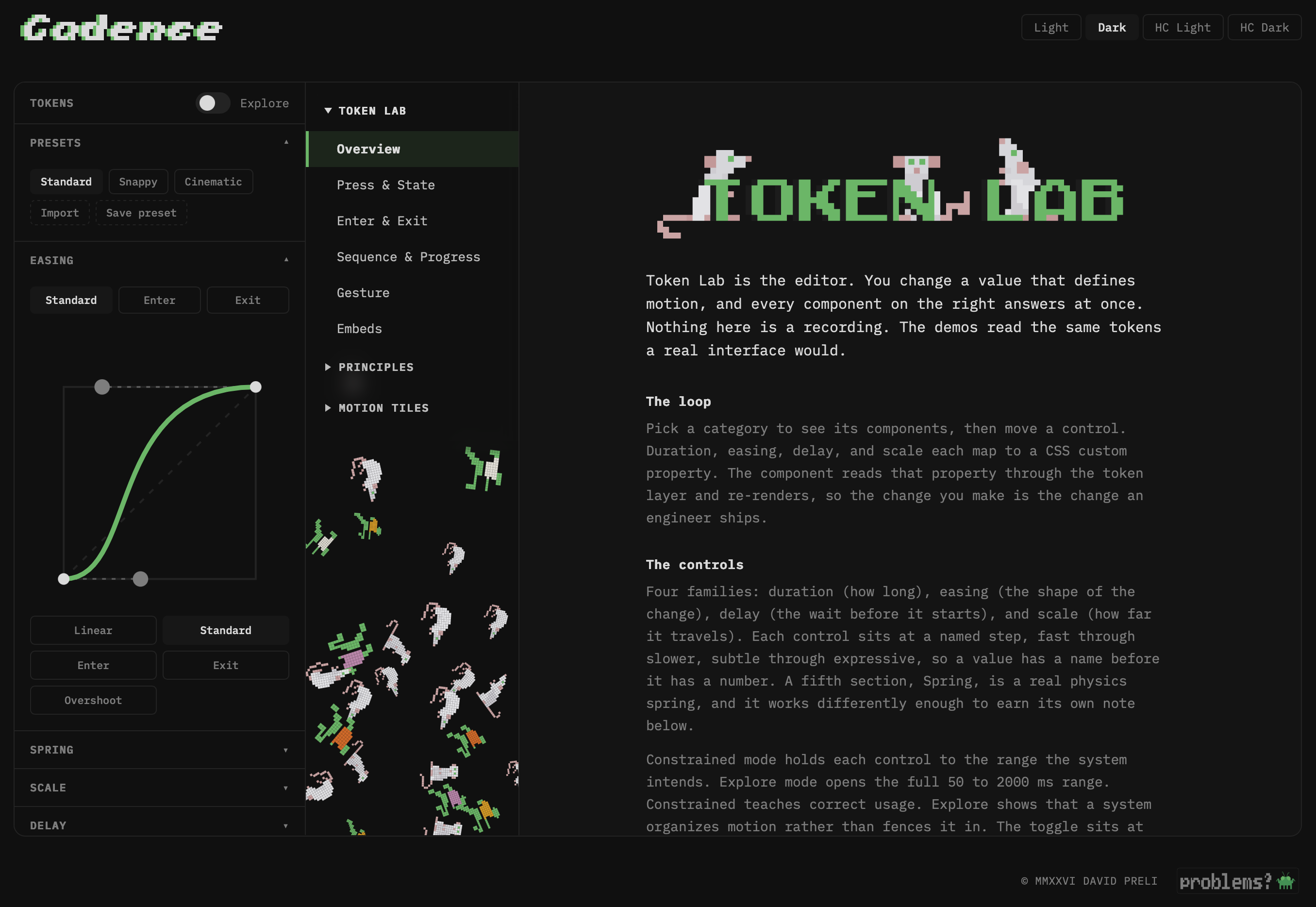 Token Lab: the token editor beside its live demos.