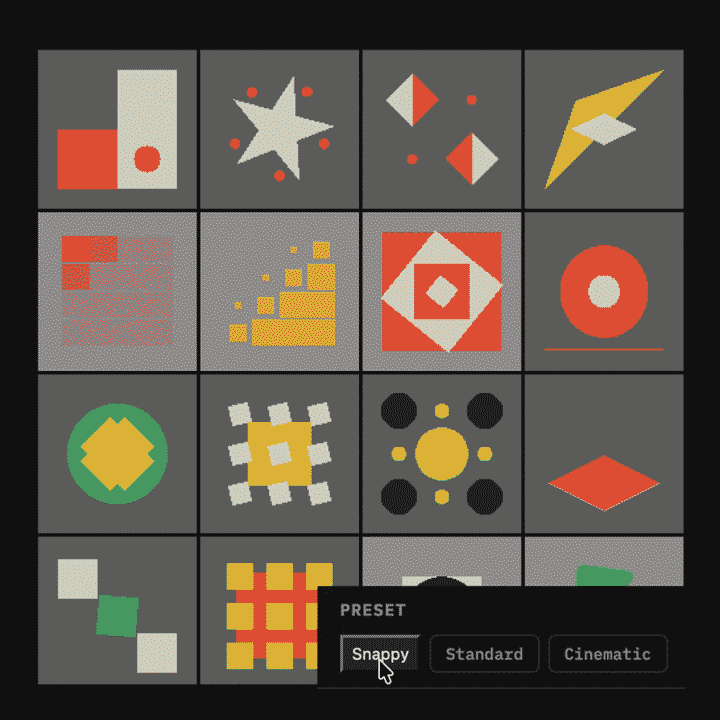 A preset change crossing the Motion Tiles grid as a staggered wave; every tile retimes together.